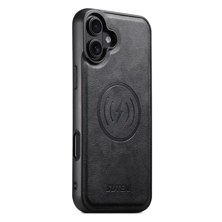 SUTENI M4 Funda Magnética de Cuero con Textura de Piel de Vaca + Tapa TPU Desmontable para Tarjetero - iPhone 16 - Negro