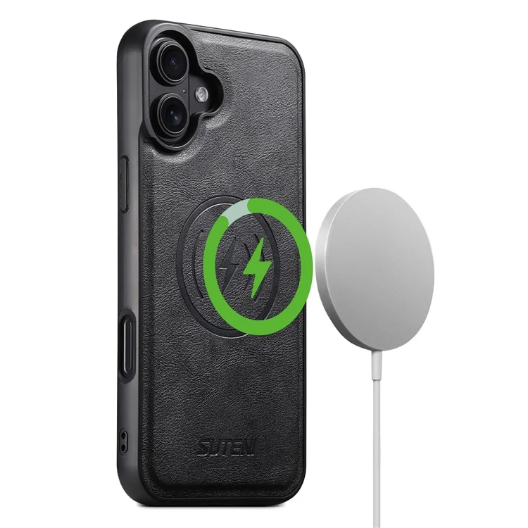 SUTENI M4 Funda Magnética de Cuero con Textura de Piel de Vaca + Tapa TPU Desmontable para Tarjetero - iPhone 16 - Negro