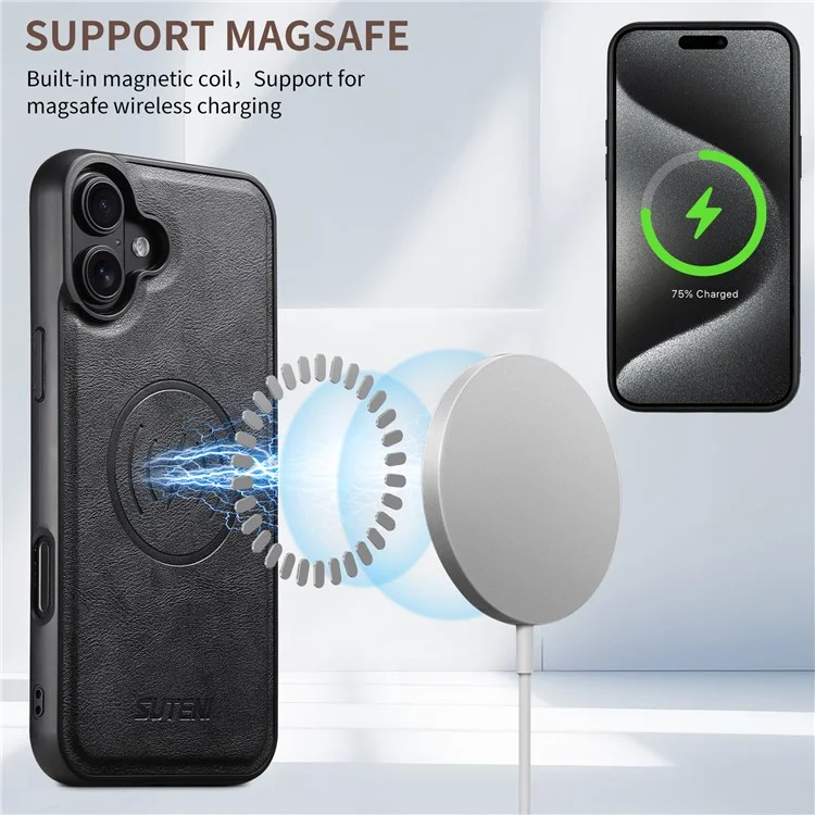 SUTENI M4 Funda Magnética de Cuero con Textura de Piel de Vaca + Tapa TPU Desmontable para Tarjetero - iPhone 16 - Negro