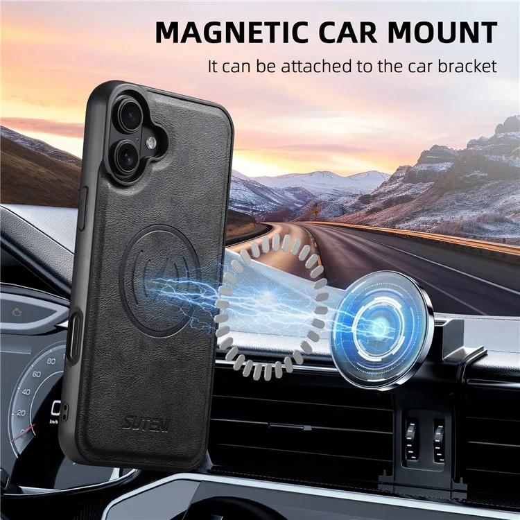 SUTENI M4 Funda Magnética de Cuero con Textura de Piel de Vaca + Tapa TPU Desmontable para Tarjetero - iPhone 16 - Negro