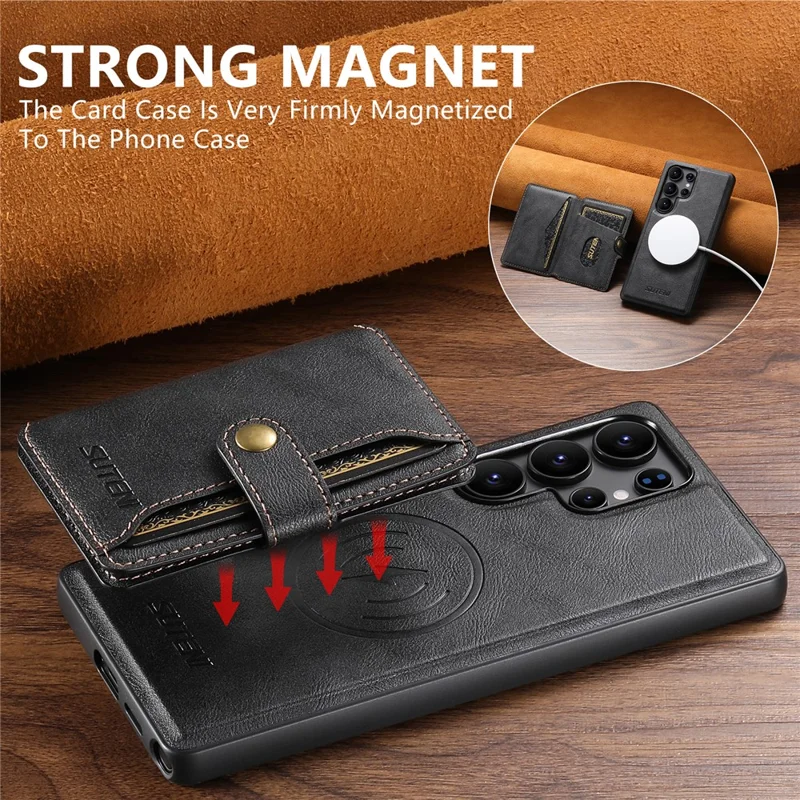 SUTENI M4 For Samsung Galaxy S24 Ultra Magnetic Case with Card Holder Cowhide Texture Leather Back Cover - Black