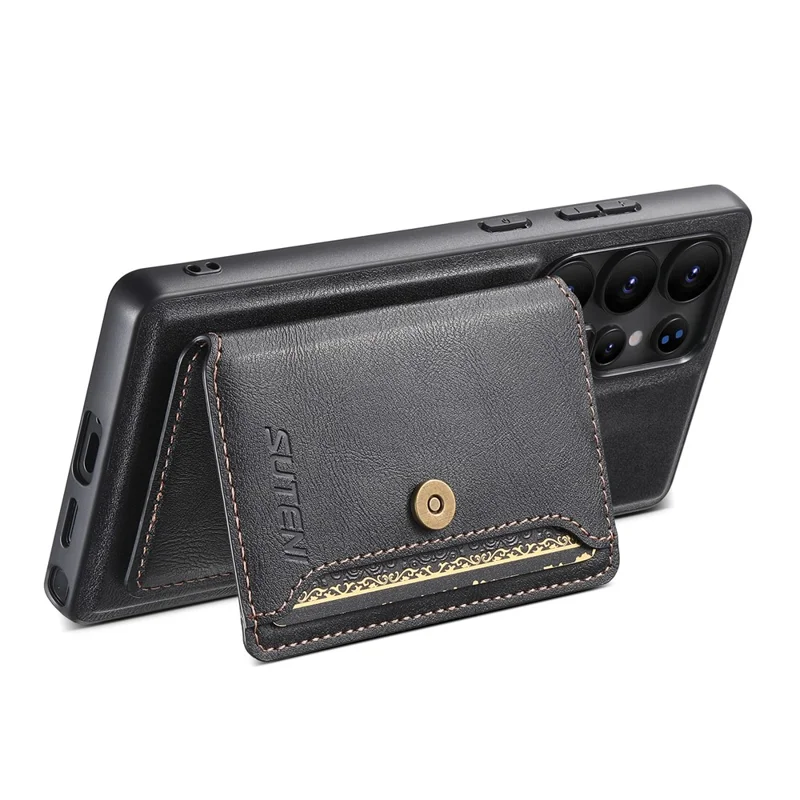 SUTENI M4 For Samsung Galaxy S24 Ultra Magnetic Case with Card Holder Cowhide Texture Leather Back Cover - Black