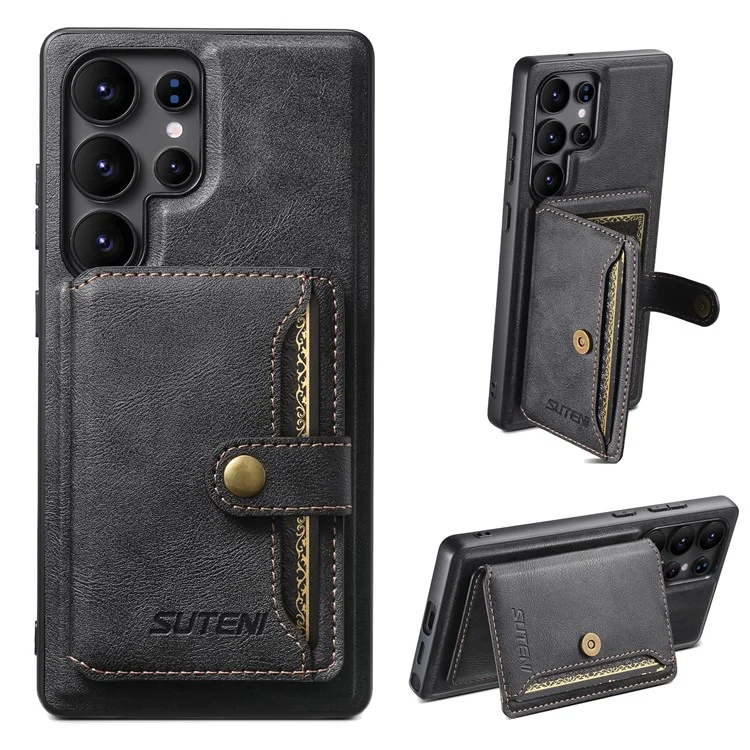 SUTENI M4 Funda Magnética de Cuero Auténtico para Samsung Galaxy S22 Ultra con Tarjetero Extraíble - Negro