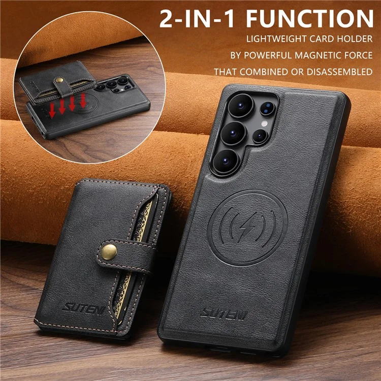 SUTENI M4 Funda Magnética de Cuero Auténtico para Samsung Galaxy S22 Ultra con Tarjetero Extraíble - Negro
