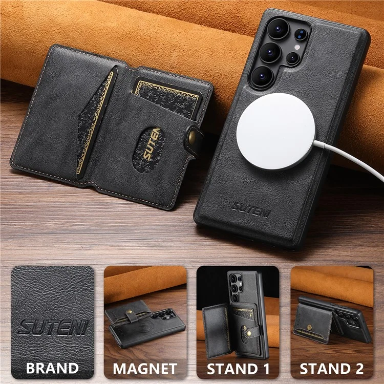 SUTENI M4 Funda Magnética de Cuero Auténtico para Samsung Galaxy S22 Ultra con Tarjetero Extraíble - Negro