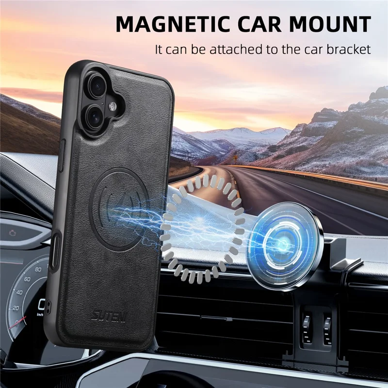 SUTENI M5 For iPhone 16 Plus Magnetic Case with Card Bag Cowhide Texture Leather Phone Back Cover - Black