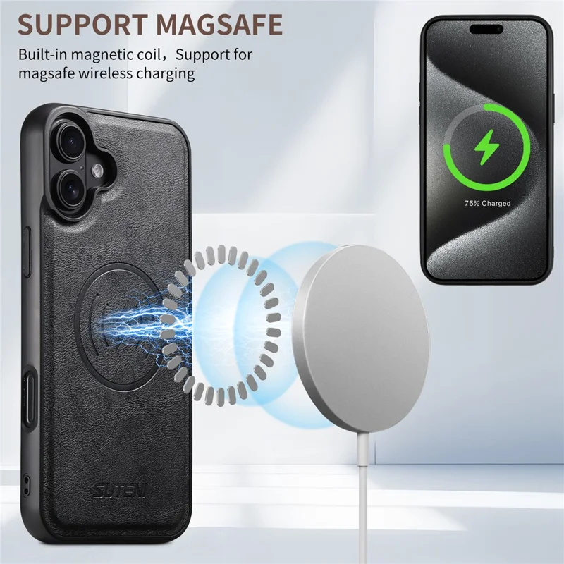 SUTENI M5 For iPhone 16 Plus Magnetic Case with Card Bag Cowhide Texture Leather Phone Back Cover - Black