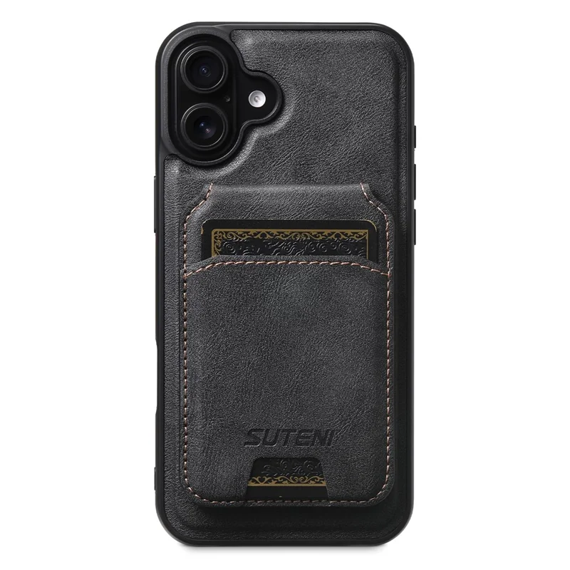 SUTENI M5 For iPhone 16 Magnetic Case with Card Bag Cowhide Texture Leather Phone Back Cover - Black