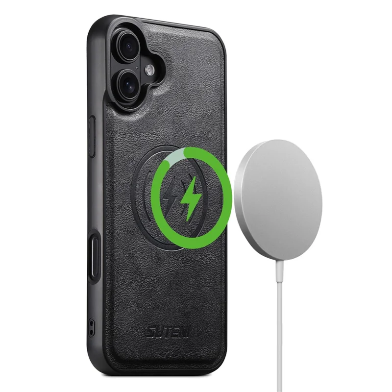 SUTENI M5 For iPhone 16 Magnetic Case with Card Bag Cowhide Texture Leather Phone Back Cover - Black