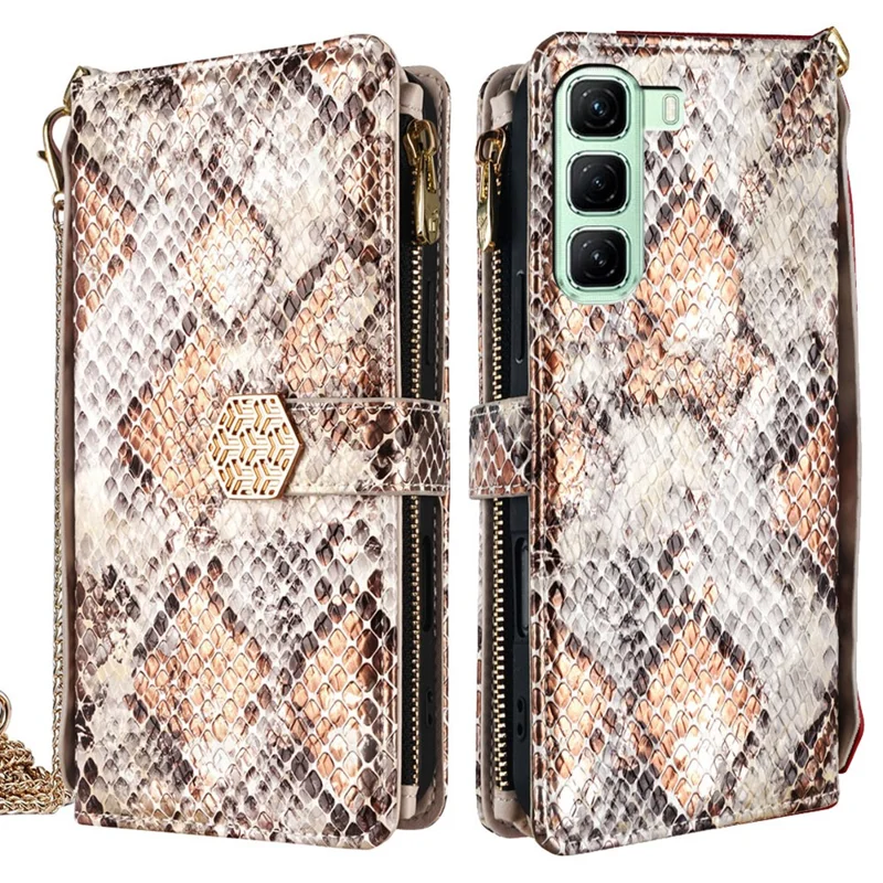For Infinix Hot 50 4G Case Snake Skin Texture PU Leather Phone Wallet Cover with Shoulder Strap - White