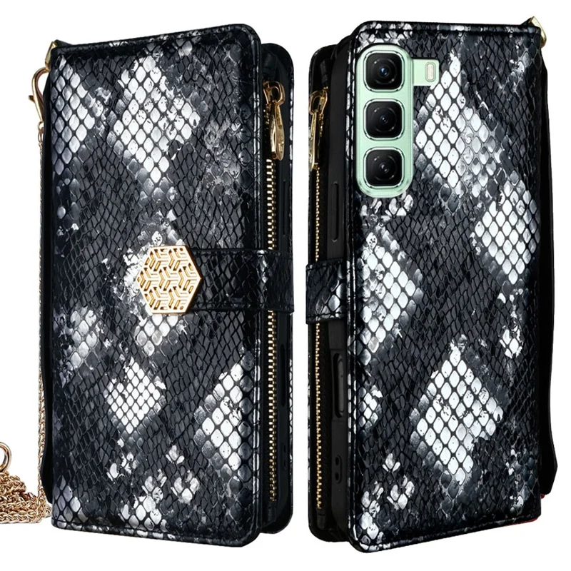 For Infinix Hot 50 5G Case Snake Skin Texture PU Leather Phone Wallet Cover with Shoulder Strap - Black