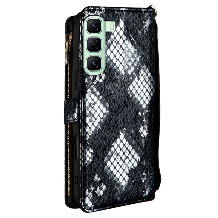 For Infinix Hot 50 5G Case Snake Skin Texture PU Leather Phone Wallet Cover with Shoulder Strap - Black