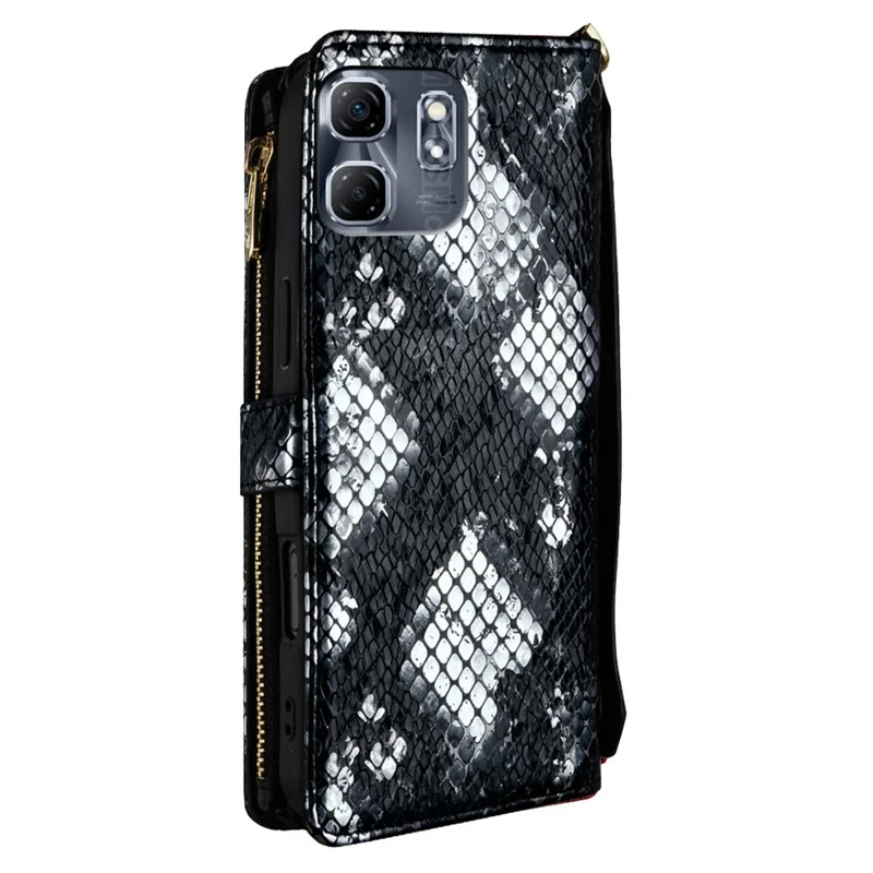 For Infinix Hot 50i 4G Case Snake Skin Texture PU Leather Phone Wallet Cover with Shoulder Strap - Black