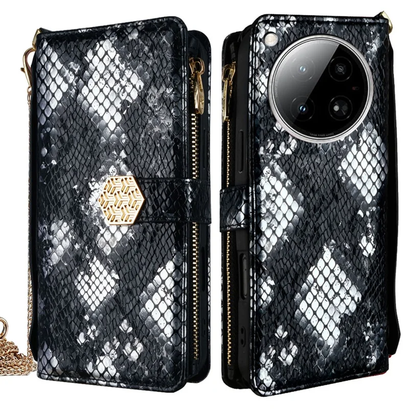 For Infinix Zero 40 4G Case Snake Skin Texture PU Leather Phone Wallet Cover with Shoulder Strap - Black
