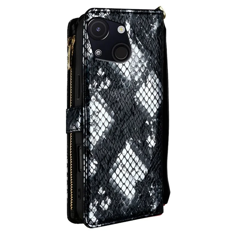 For itel A50C Case Snake Skin Texture PU Leather Phone Wallet Cover with Shoulder Strap - Black