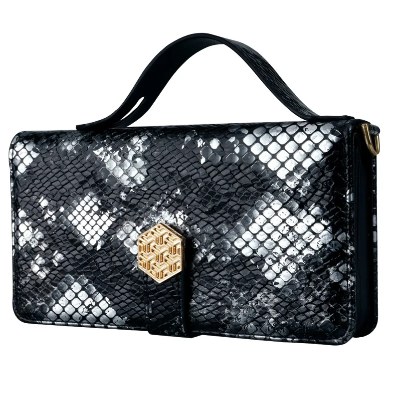 For Realme C61 4G Case Snake Skin Texture PU Leather Phone Wallet Cover with Shoulder Strap - Black