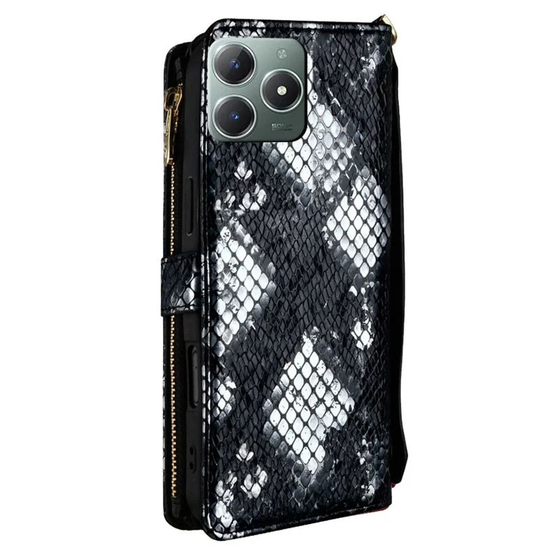 For Realme C61 4G Case Snake Skin Texture PU Leather Phone Wallet Cover with Shoulder Strap - Black