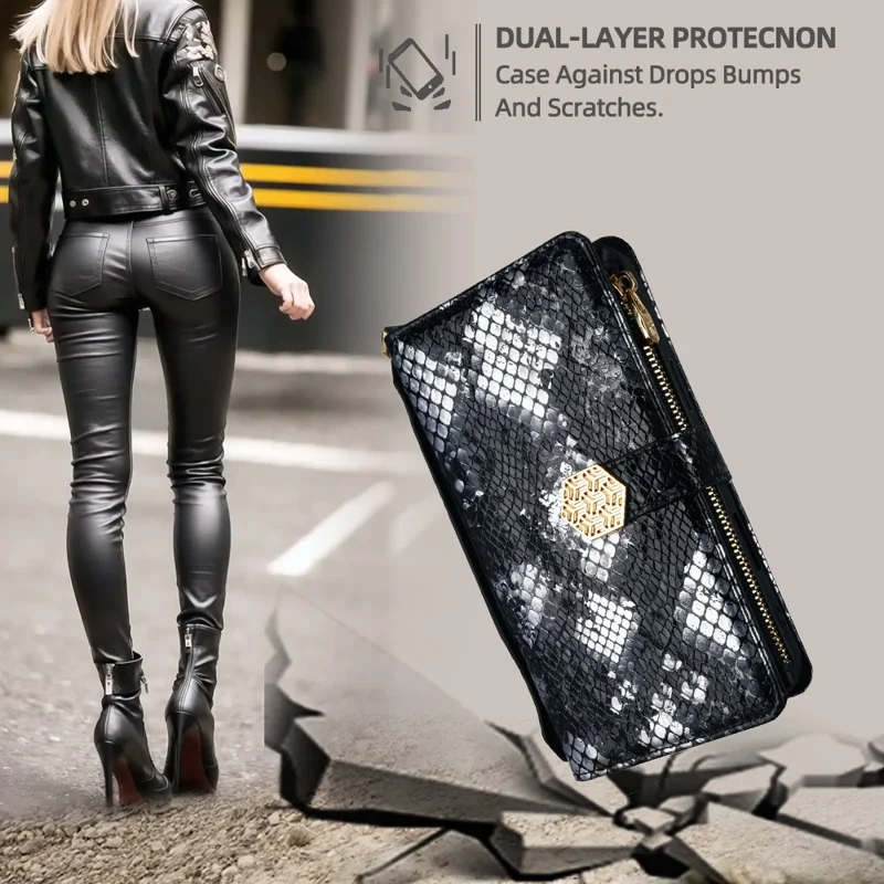 For Realme C61 4G Case Snake Skin Texture PU Leather Phone Wallet Cover with Shoulder Strap - Black