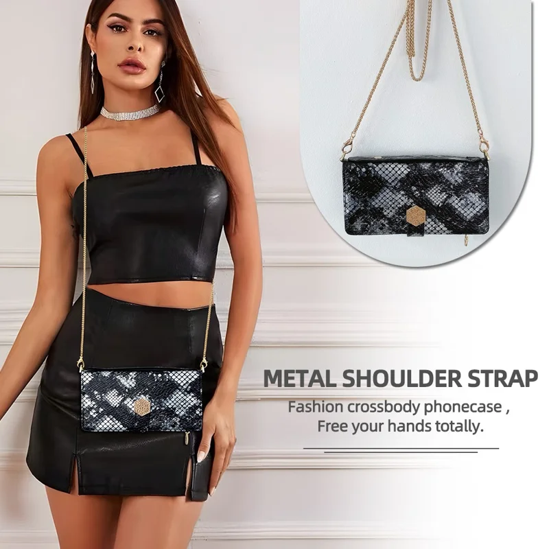 For Realme C61 4G Case Snake Skin Texture PU Leather Phone Wallet Cover with Shoulder Strap - Black
