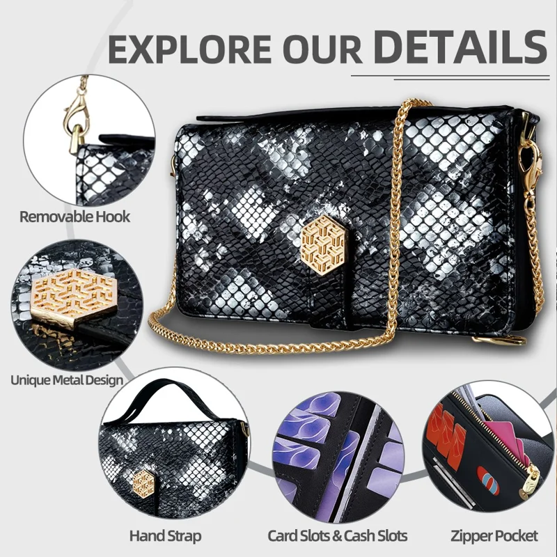 For Realme C61 4G Case Snake Skin Texture PU Leather Phone Wallet Cover with Shoulder Strap - Black