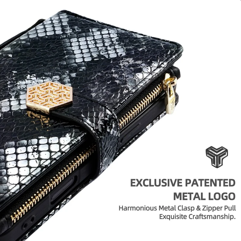 For Realme C61 4G Case Snake Skin Texture PU Leather Phone Wallet Cover with Shoulder Strap - Black