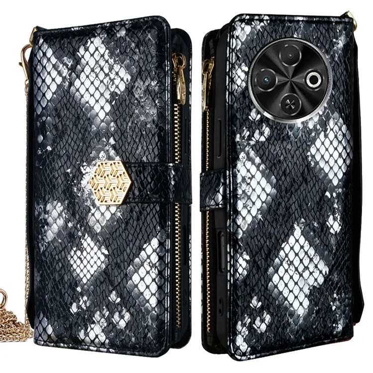 For TECNO Spark 30C 4G Case Snake Skin Texture PU Leather Phone Wallet Cover with Shoulder Strap - Black