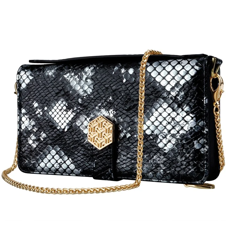 For TECNO Spark 30C 4G Case Snake Skin Texture PU Leather Phone Wallet Cover with Shoulder Strap - Black