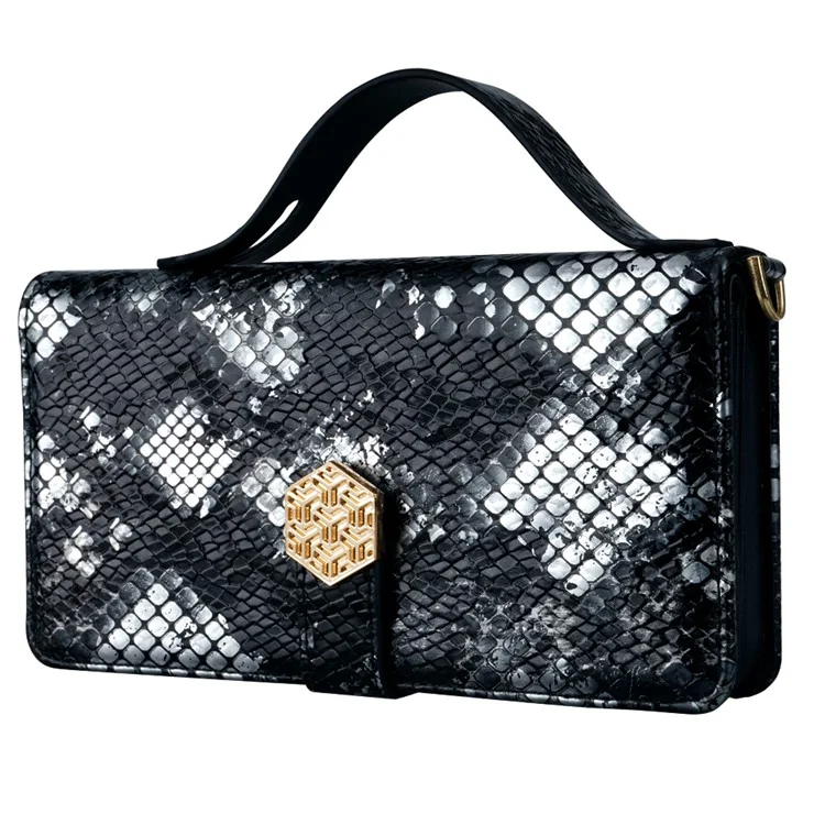 For TECNO Spark 30C 4G Case Snake Skin Texture PU Leather Phone Wallet Cover with Shoulder Strap - Black