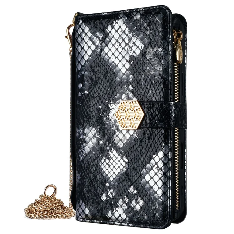 For TECNO Spark 30C 4G Case Snake Skin Texture PU Leather Phone Wallet Cover with Shoulder Strap - Black
