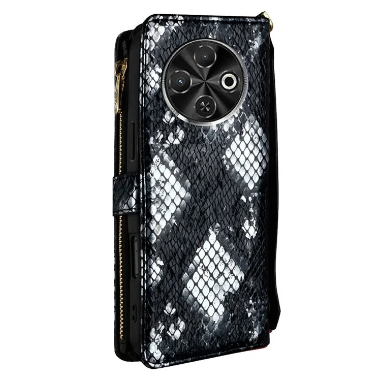 For TECNO Spark 30C 4G Case Snake Skin Texture PU Leather Phone Wallet Cover with Shoulder Strap - Black