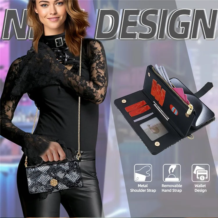 For TECNO Spark 30C 4G Case Snake Skin Texture PU Leather Phone Wallet Cover with Shoulder Strap - Black