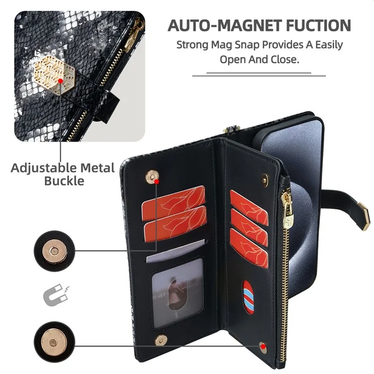 For TECNO Spark 30C 4G Case Snake Skin Texture PU Leather Phone Wallet Cover with Shoulder Strap - Black