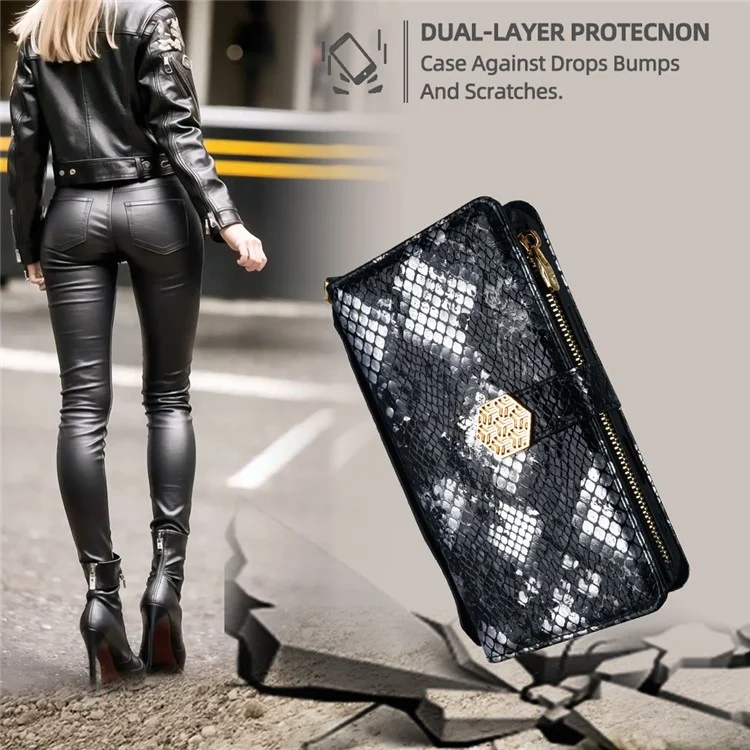For TECNO Spark 30C 4G Case Snake Skin Texture PU Leather Phone Wallet Cover with Shoulder Strap - Black