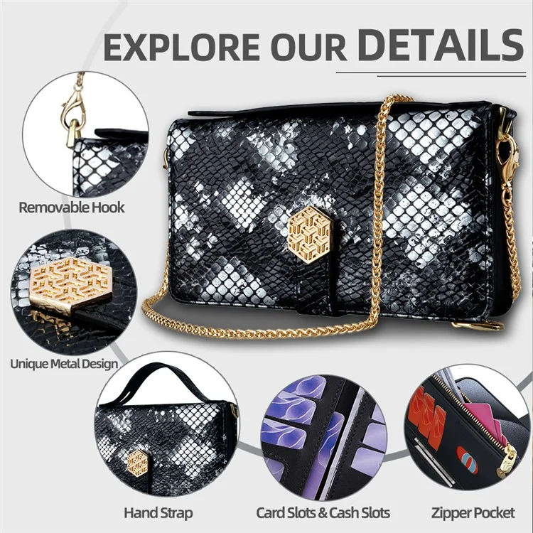 For TECNO Spark 30C 4G Case Snake Skin Texture PU Leather Phone Wallet Cover with Shoulder Strap - Black
