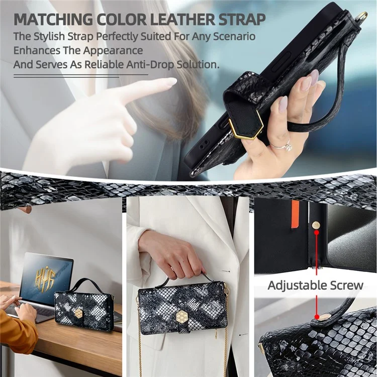 For TECNO Spark 30C 4G Case Snake Skin Texture PU Leather Phone Wallet Cover with Shoulder Strap - Black