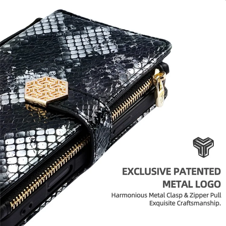 For TECNO Spark 30C 4G Case Snake Skin Texture PU Leather Phone Wallet Cover with Shoulder Strap - Black