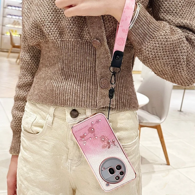 KADEM For Nothing Phone (3a) Pro Case Flower Pattern TPU Gradient Phone Cover with Lanyards - Rose Gold