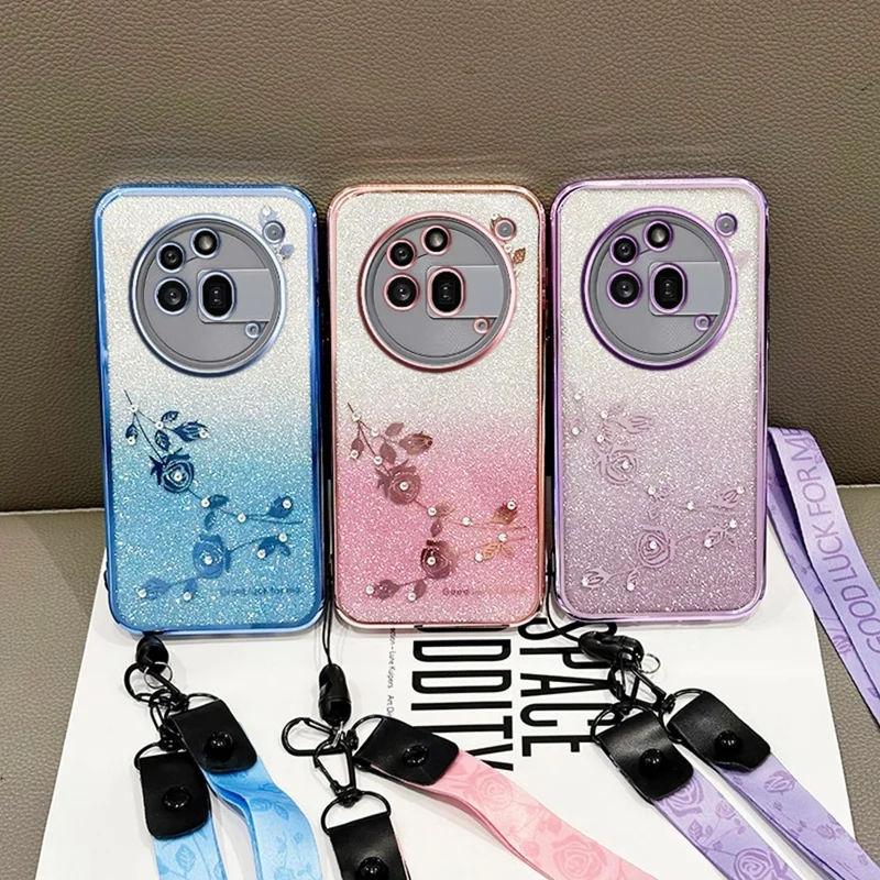 KADEM For Nothing Phone (3a) Pro Case Flower Pattern TPU Gradient Phone Cover with Lanyards - Rose Gold