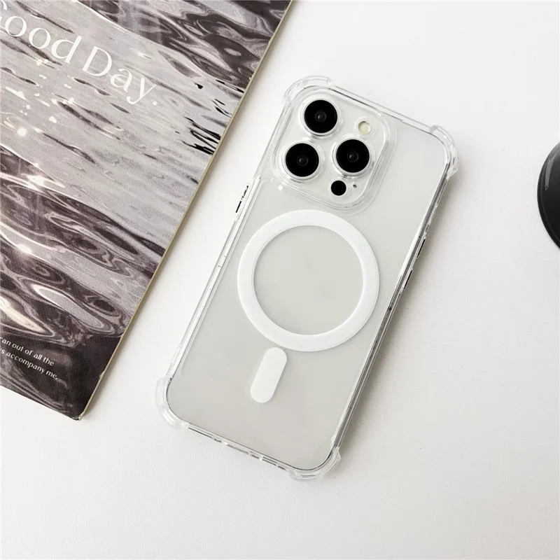 SHANWO For iPhone 15 Pro Max Magnetic Case Anti Drop Soft TPU Clear Phone Back Cover - White