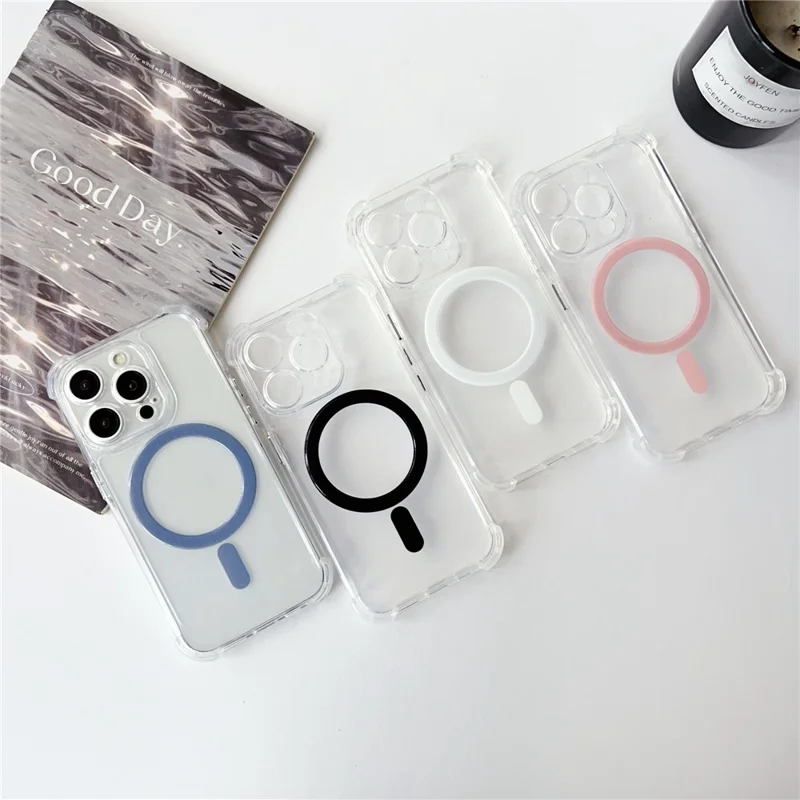 SHANWO For iPhone 15 Pro Max Magnetic Case Anti Drop Soft TPU Clear Phone Back Cover - White
