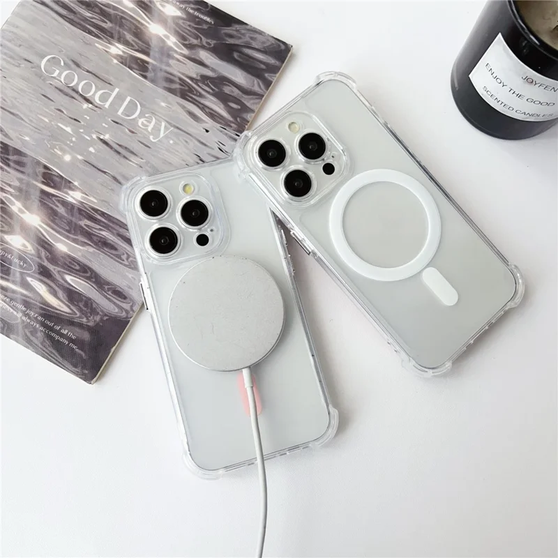 SHANWO For iPhone 14 Pro Magnetic Case Anti Drop Soft TPU Clear Phone Back Cover - White