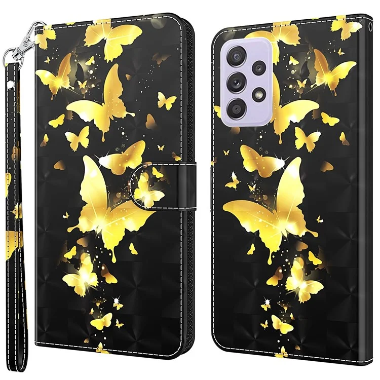 For Samsung Galaxy A13 4G / 5G 3D Pattern Printing Wallet Phone Case PU Leather Stand Magnetic Closure Cover with Strap - Golden Butterflies