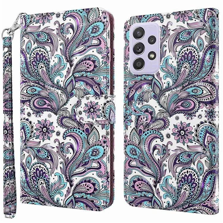 For Samsung Galaxy A13 4G / 5G 3D Pattern Printing Wallet Phone Case PU Leather Stand Magnetic Closure Cover with Strap - Purple Impatiens