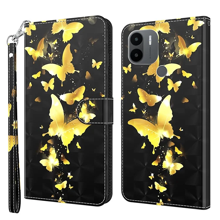Pour Xiaomi Redmi A1 4G / A2 4G Étui de téléphone portefeuille avec motif 3D Impression Pu Cuir Sangle de poignet Sac à main Fonction de support Fermeture magnétique à rabat - Papillons dorés