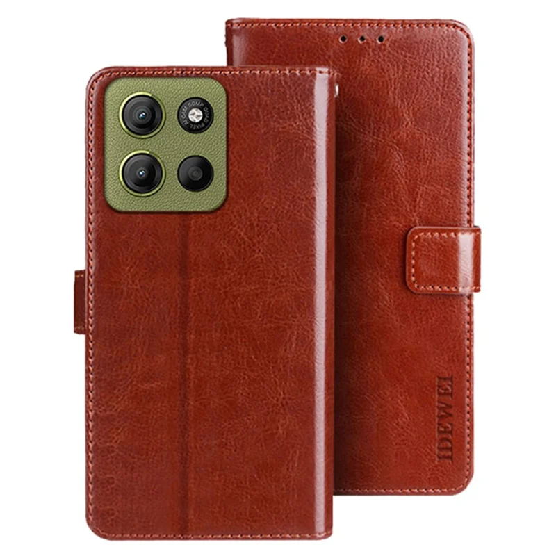 IDEWEI para Motorola Moto G15 Power 4G Funda con Soporte de Cuero Textura de Caballo Loco - Marrón