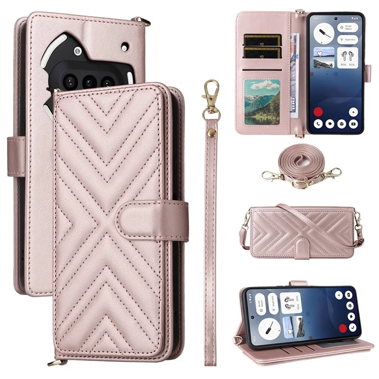 For Nothing Phone (3a) Wallet Case with Shoulder / Wrist Strap Leather Phone Cover Stand - Pink