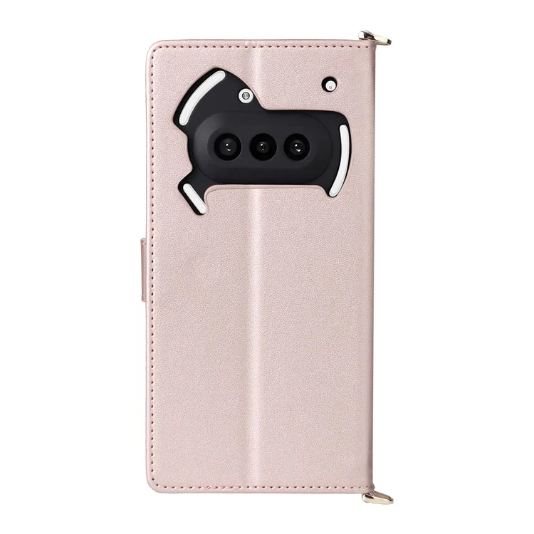 For Nothing Phone (3a) Wallet Case with Shoulder / Wrist Strap Leather Phone Cover Stand - Pink