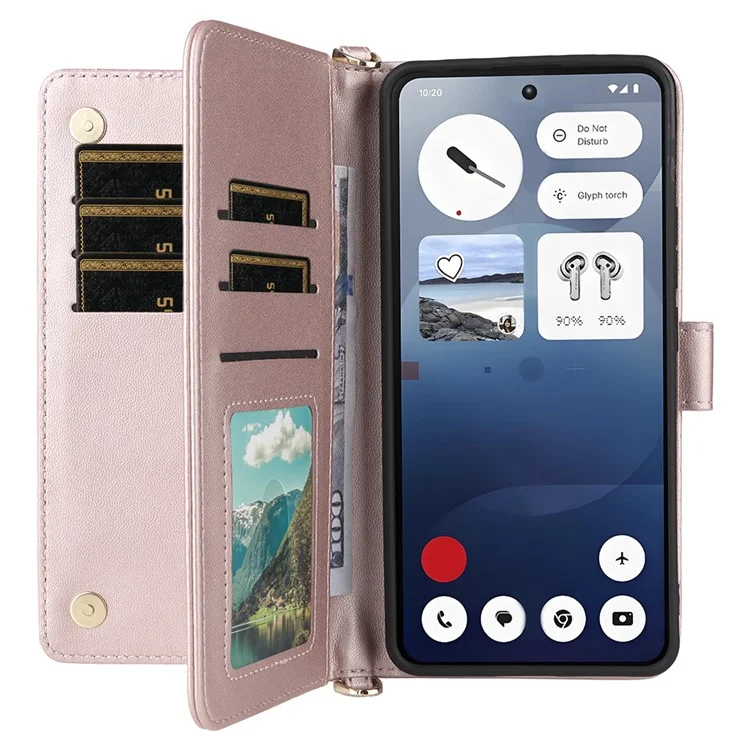 For Nothing Phone (3a) Wallet Case with Shoulder / Wrist Strap Leather Phone Cover Stand - Pink