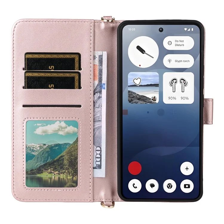 For Nothing Phone (3a) Wallet Case with Shoulder / Wrist Strap Leather Phone Cover Stand - Pink