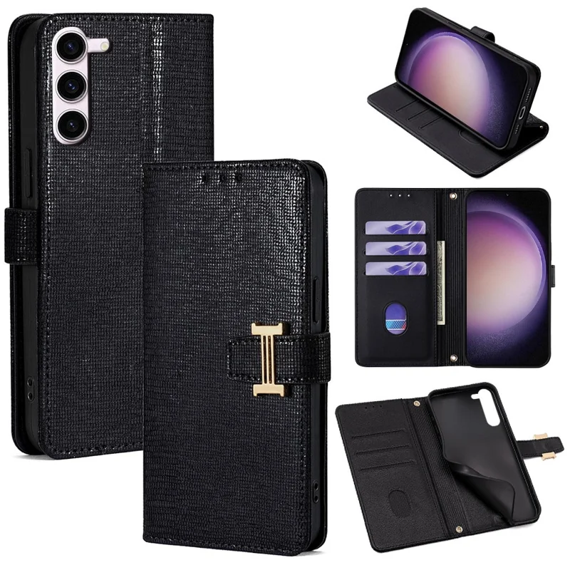 For Samsung Galaxy S23 Case Wallet Sequins Leather Crossbody Phone Cover - Black